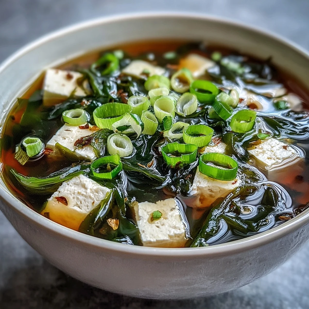 A comforting bowl of miso soup with tofu features savory broth, soft tofu pieces, and vibrant green onions.