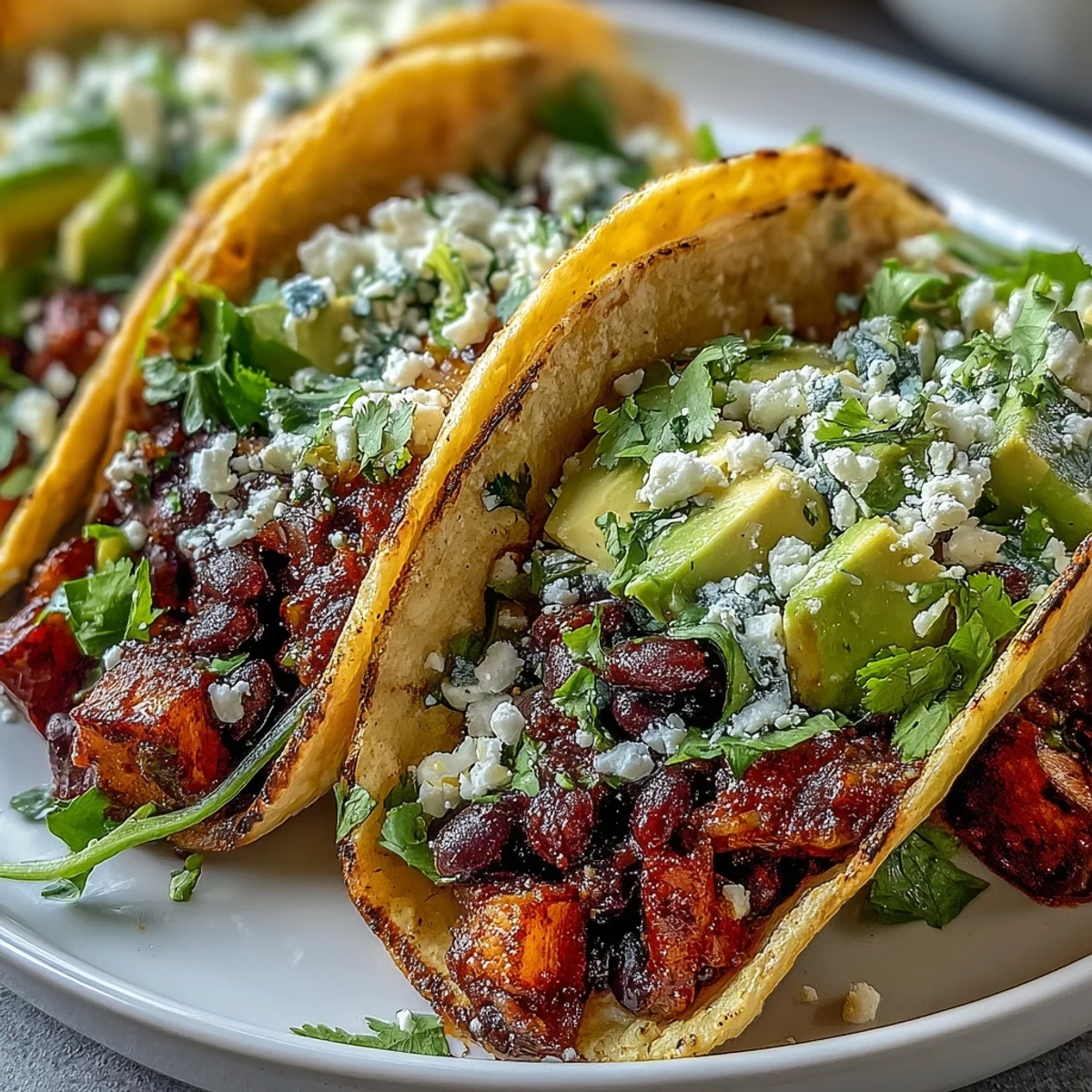 A colorful plate of vegan Black Bean and Sweet Potato Tacos topped with vegan sour cream.  