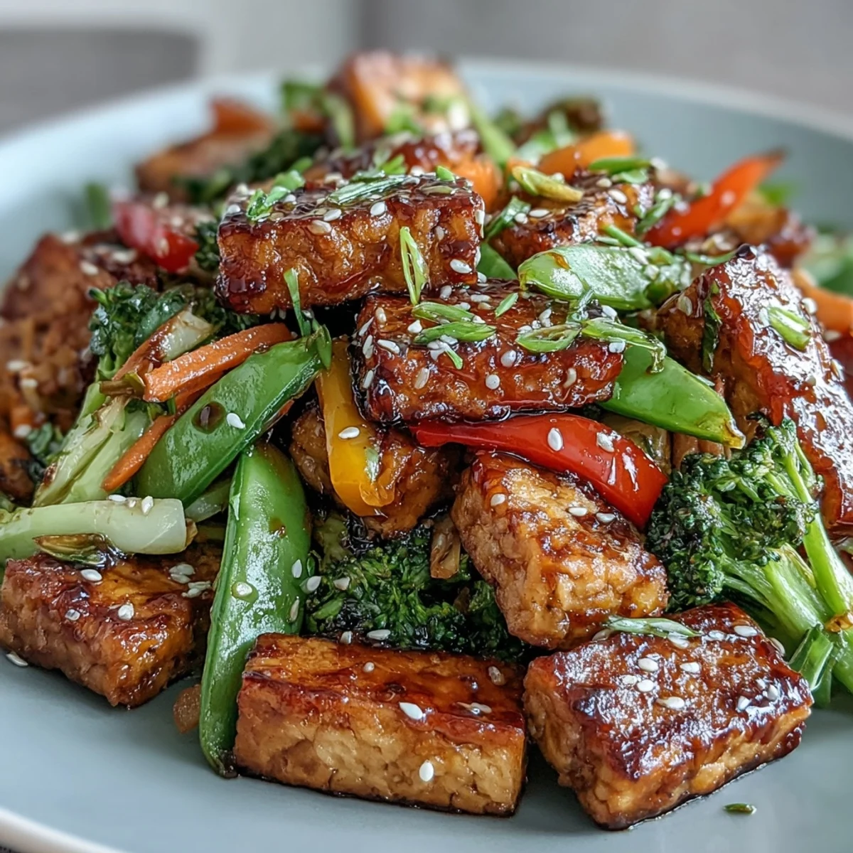 Golden-brown tempeh cubes and vibrant, crisp bell peppers glisten with a glossy savory sauce in this quick Vegetable Tempeh Stir-Fry.  