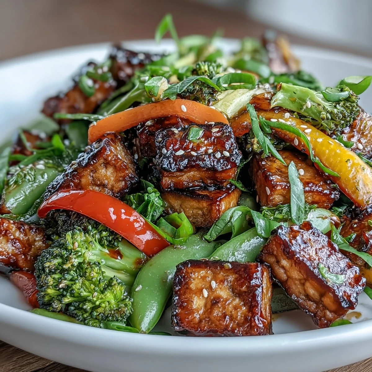 A close-up of Vegetable Tempeh Stir-Fry showcases colorful carrots, broccoli, and snap peas tossed with nutty tempeh and sesame seeds.  