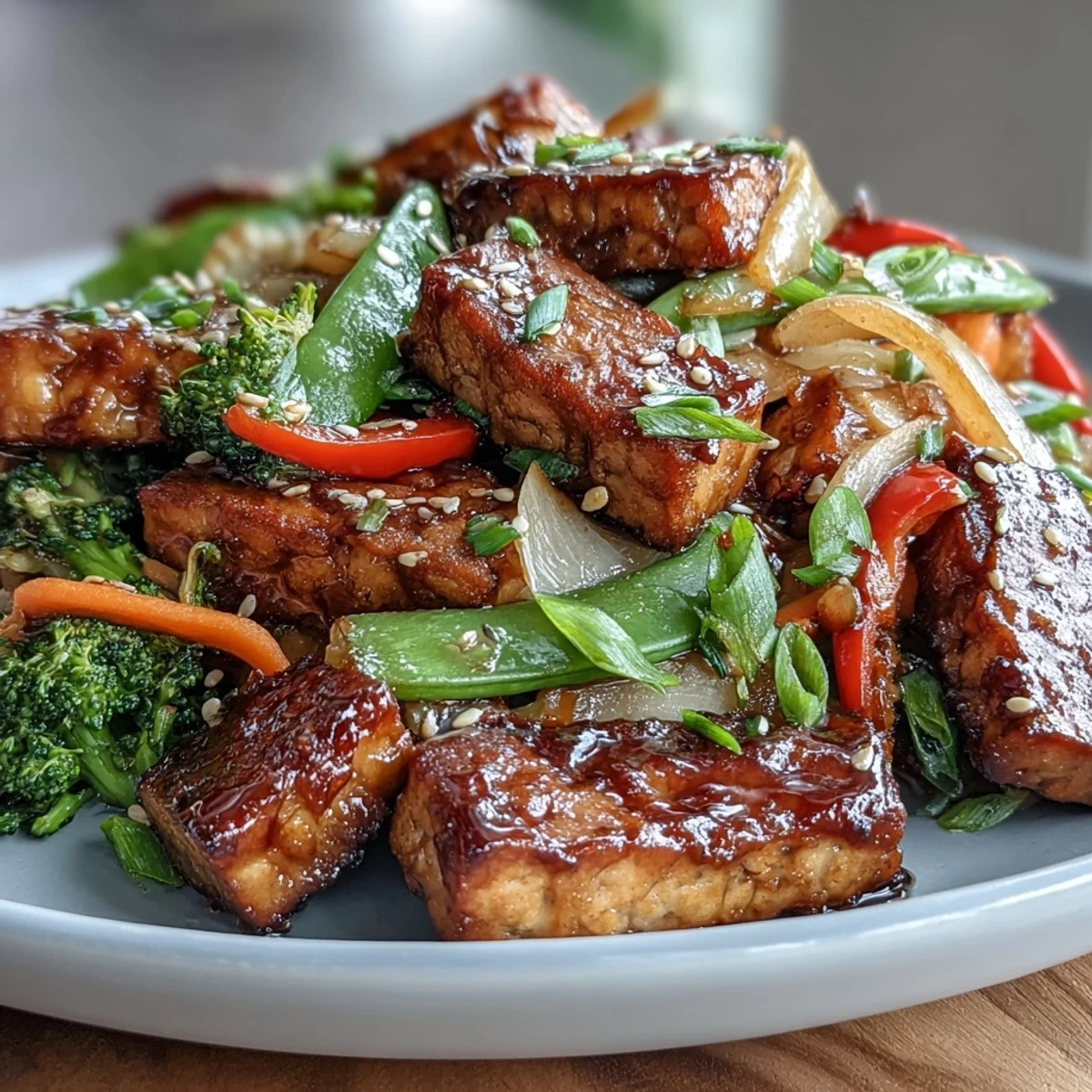This healthy, vegan Vegetable Tempeh Stir-Fry is plated beside fluffy white rice, ready for a delicious weeknight dinner.