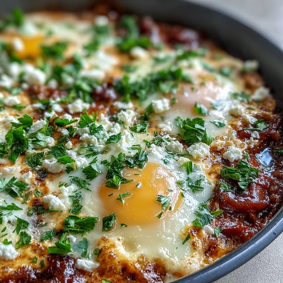 Colorful shakshuka with poached eggs sits in a vibrant tomato-pepper sauce, topped with cilantro and feta, perfect for scooping up with warm pita.