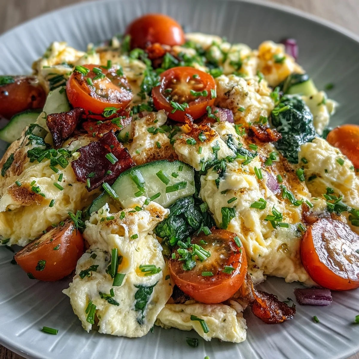Colorful vegetable scramble with zucchini and bell pepper, ready to enjoy as a healthy brunch.