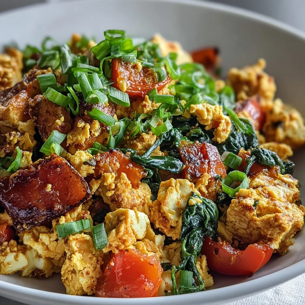 Hearty Tofu Scramble served alongside crispy toast and sliced avocado for a satisfying vegan breakfast or brunch.