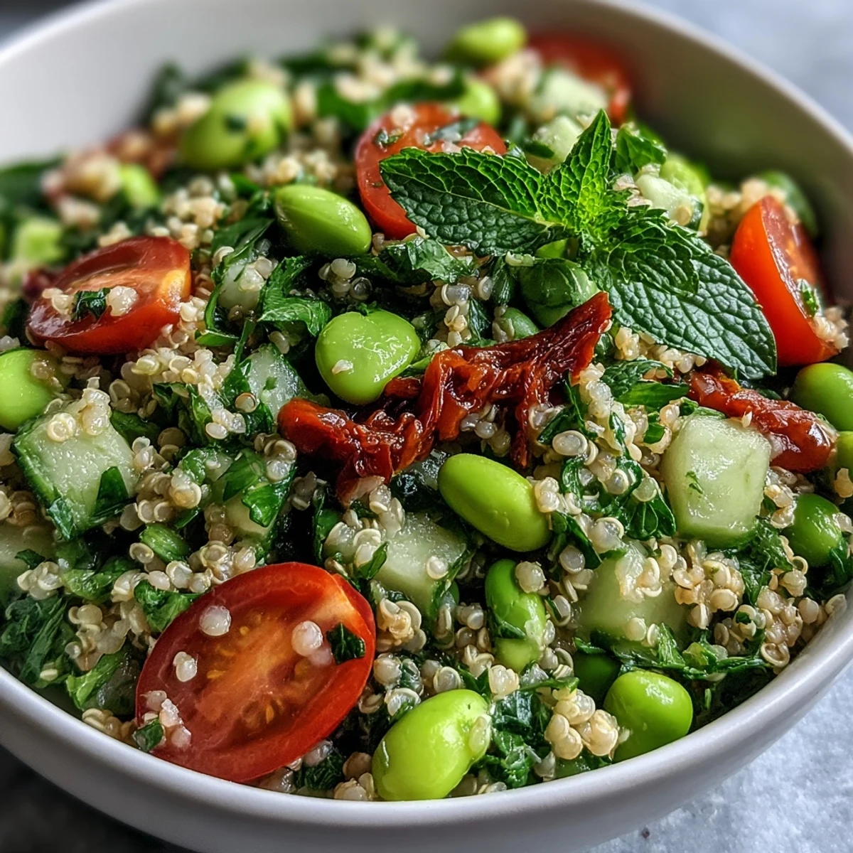 A vibrant bowl of Edamame and Quinoa Salad with bright cherry tomatoes, diced cucumber, and fresh herbs tossed in a zesty lemon dressing.