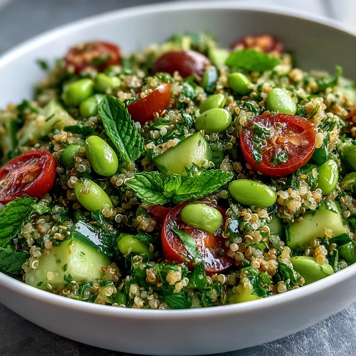 Healthy Edamame and Quinoa Salad in a white bowl, featuring fluffy quinoa, tender green edamame, and crisp red bell pepper, ready to enjoy.