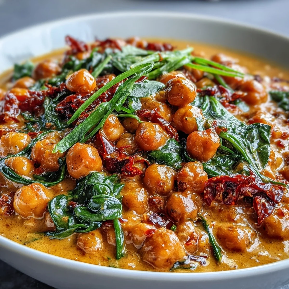 Close-up of vibrant Chickpea Curry in a skillet, featuring tender chickpeas simmering in aromatic coconut milk sauce.  