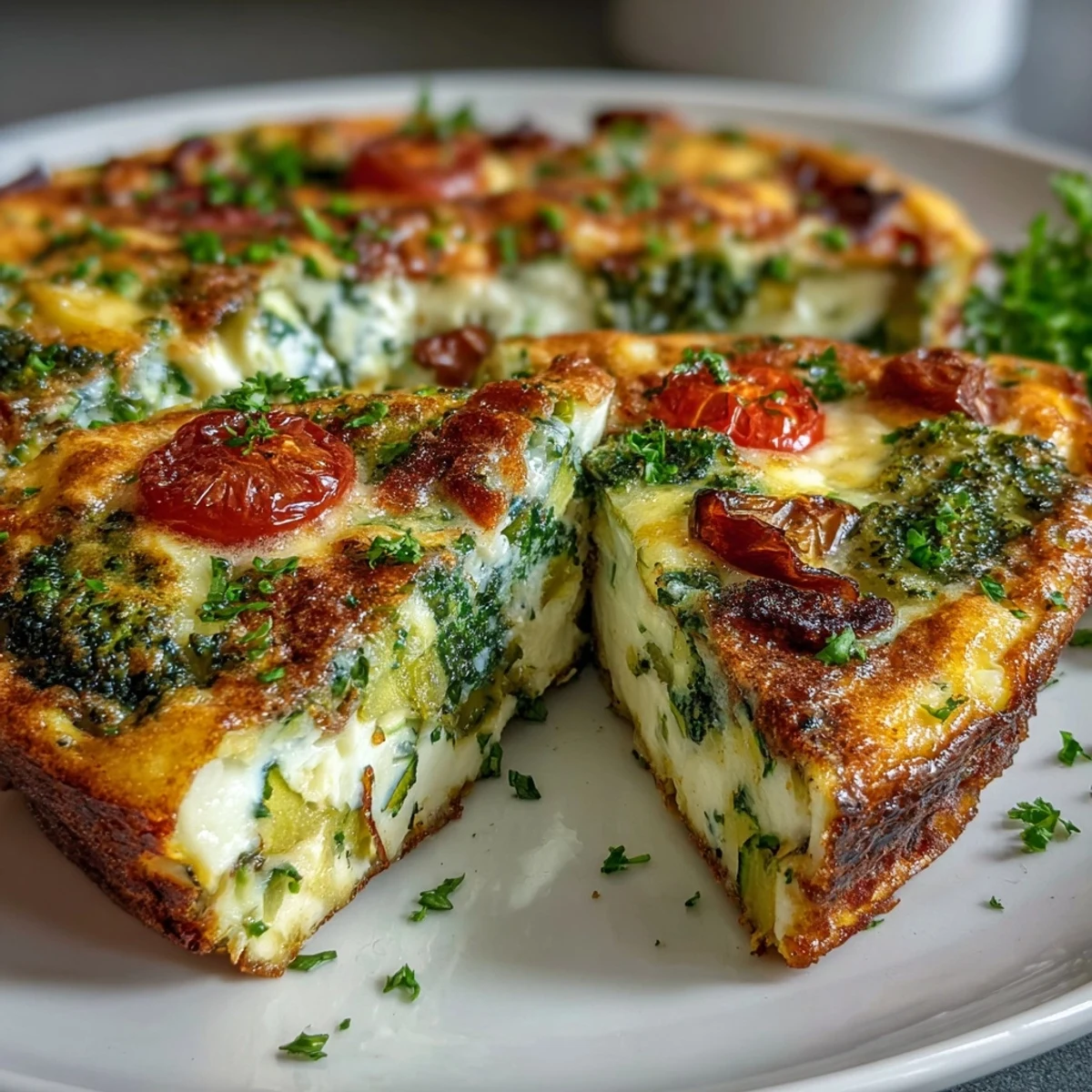 Slice of warm, fluffy Vegetable Frittata topped with cherry tomatoes and fresh herbs, served on a rustic plate.