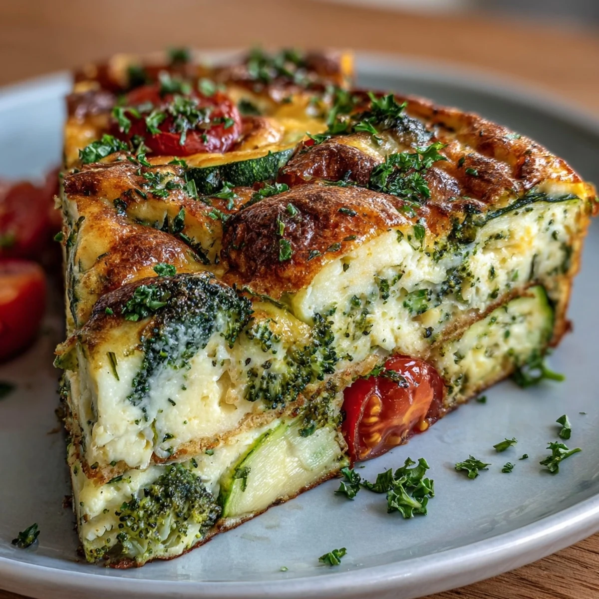 Vegetable Frittata with sautéed zucchini and onions, baked to perfection and paired with a crisp green salad for brunch.