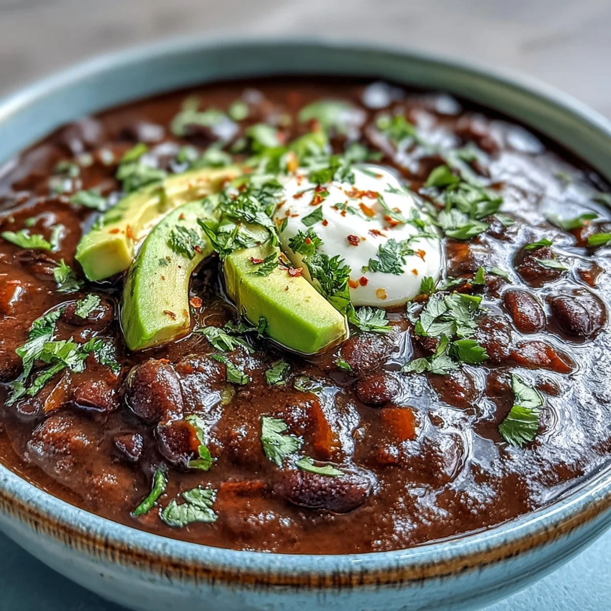 Creamy Black Bean Soup served hot in a rustic bowl, garnished with sliced avocado and fresh cilantro.