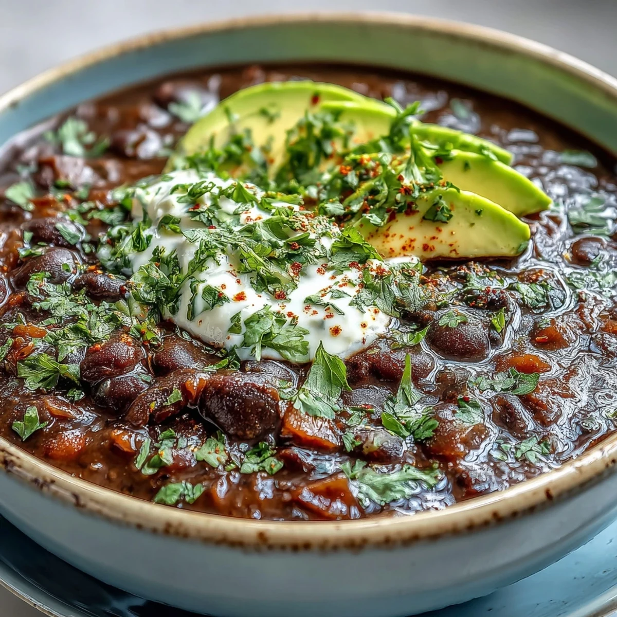 A vibrant bowl of Black Bean Soup topped with sour cream, lime wedges, and diced red onion.