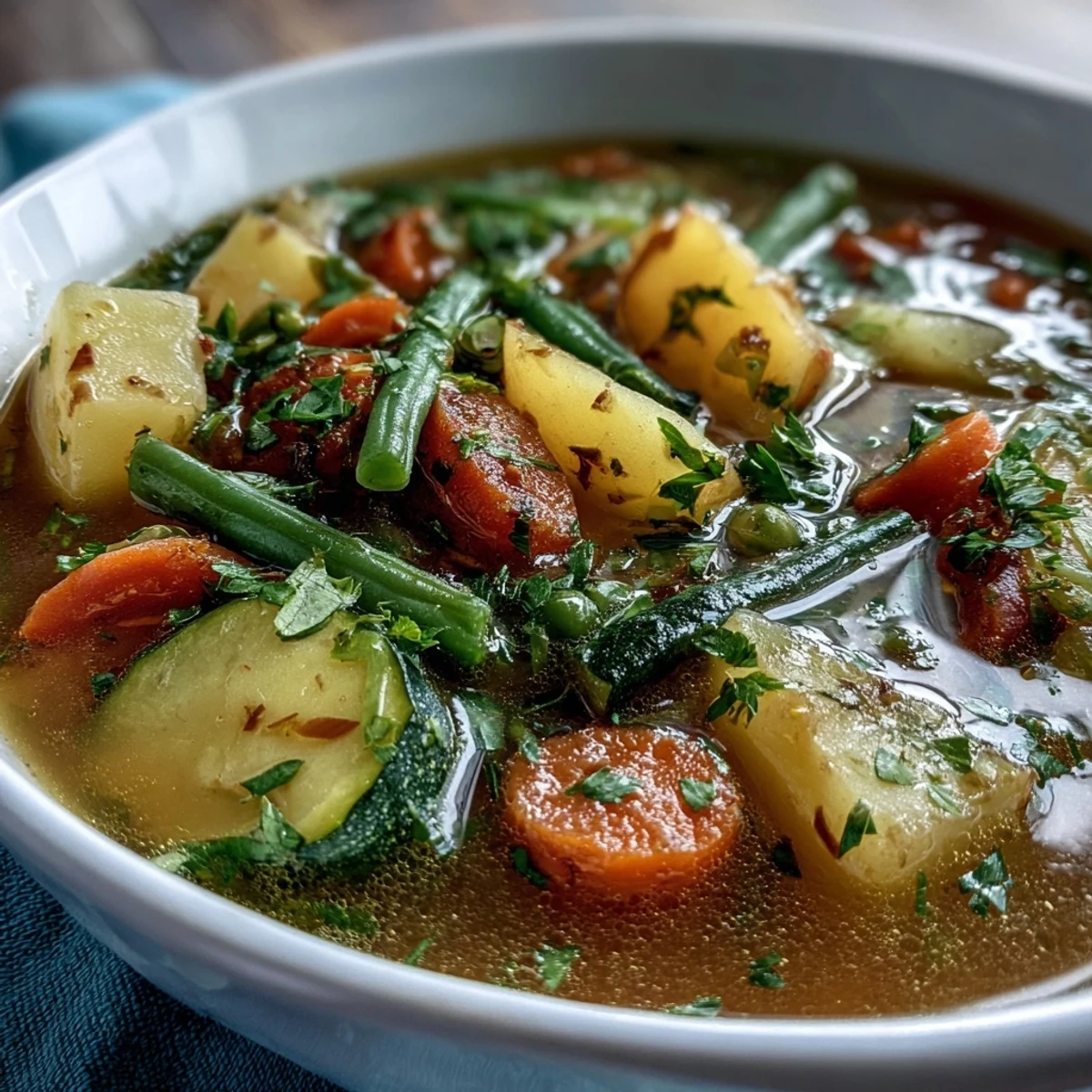 A hearty bowl of Potato and Vegetable Soup garnished with fresh parsley, brimming with tender potatoes, carrots, zucchini, and green beans.  