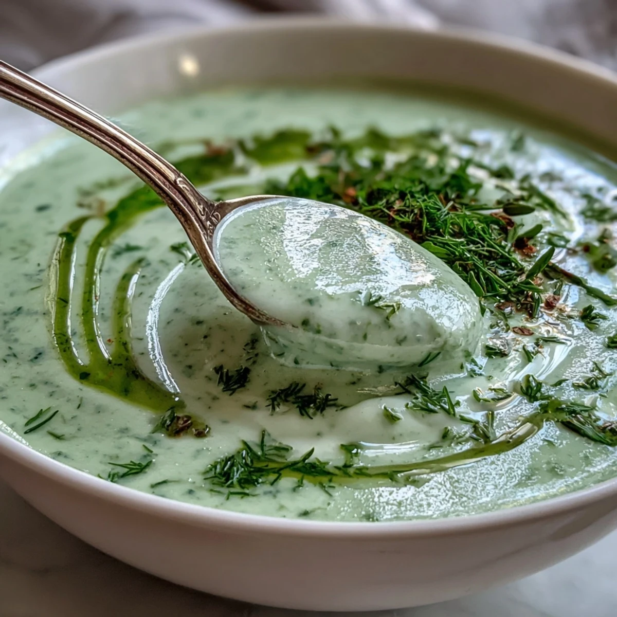 A bowl of creamy celery and herb soup garnished with fresh parsley and dill, served alongside crusty bread for dipping.