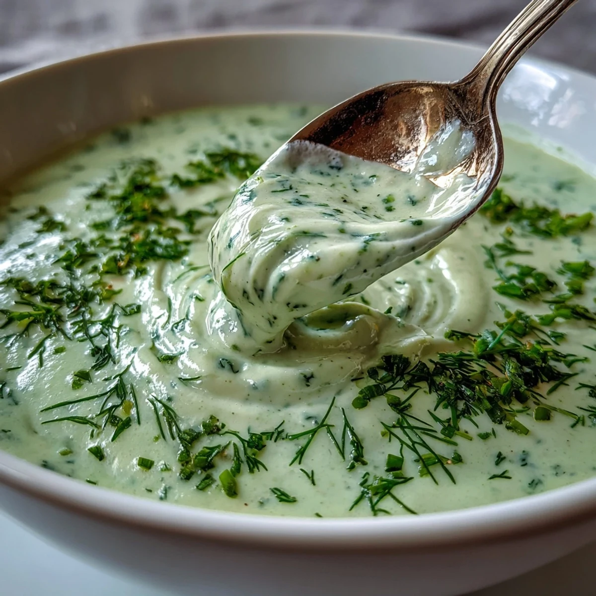 Top-down view of creamy celery and herb soup swirled with cream, dotted with fresh chives and a slice of crusty bread.