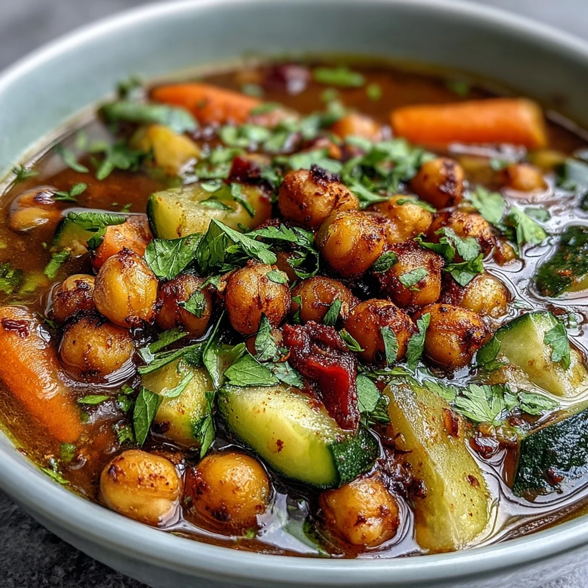 Spiced Chickpea and Vegetable Soup simmering in a pot, showing a rich tomato broth with zucchini, carrots, and kale.