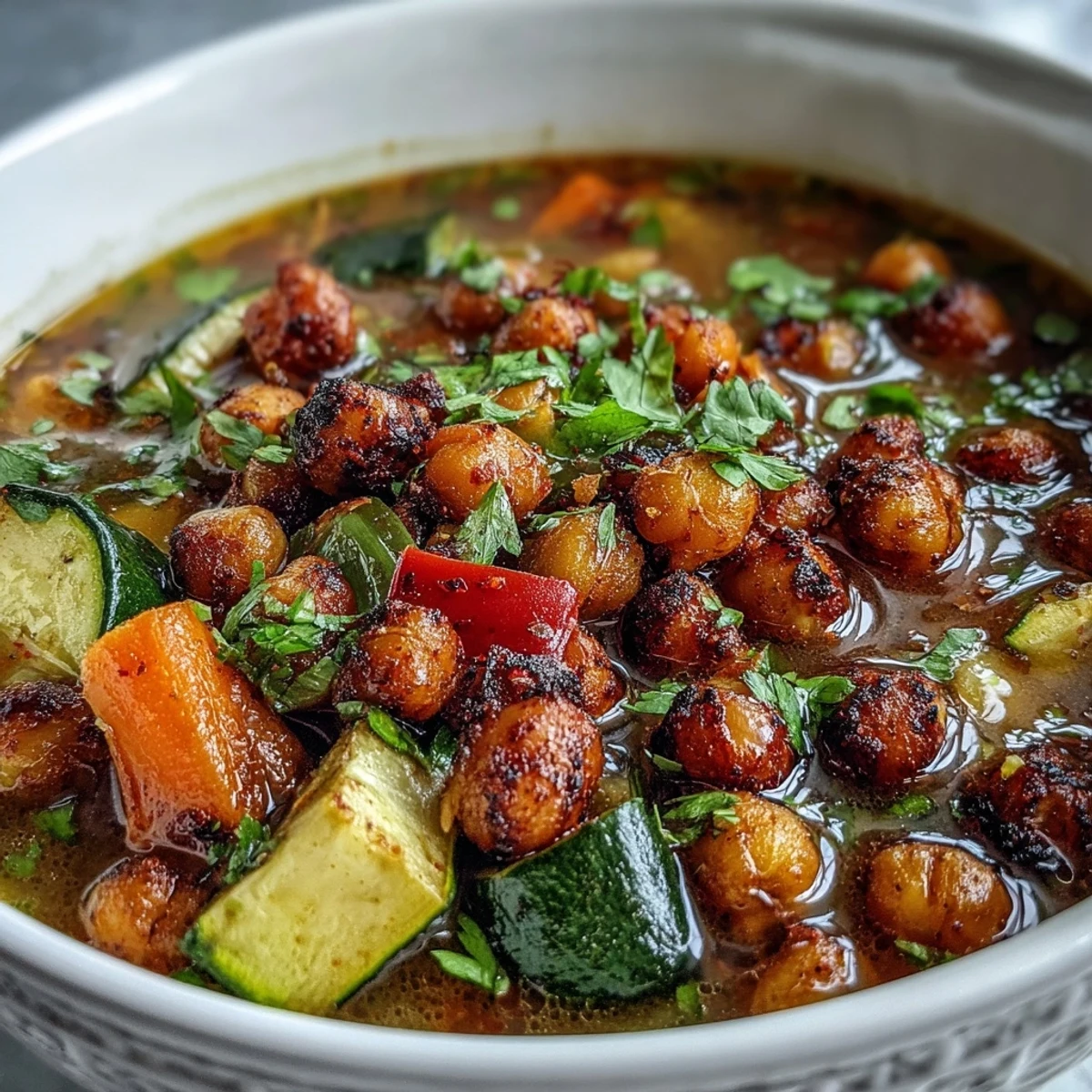 A bowl of Spiced Chickpea and Vegetable Soup garnished with cilantro, featuring golden roasted chickpeas on top.