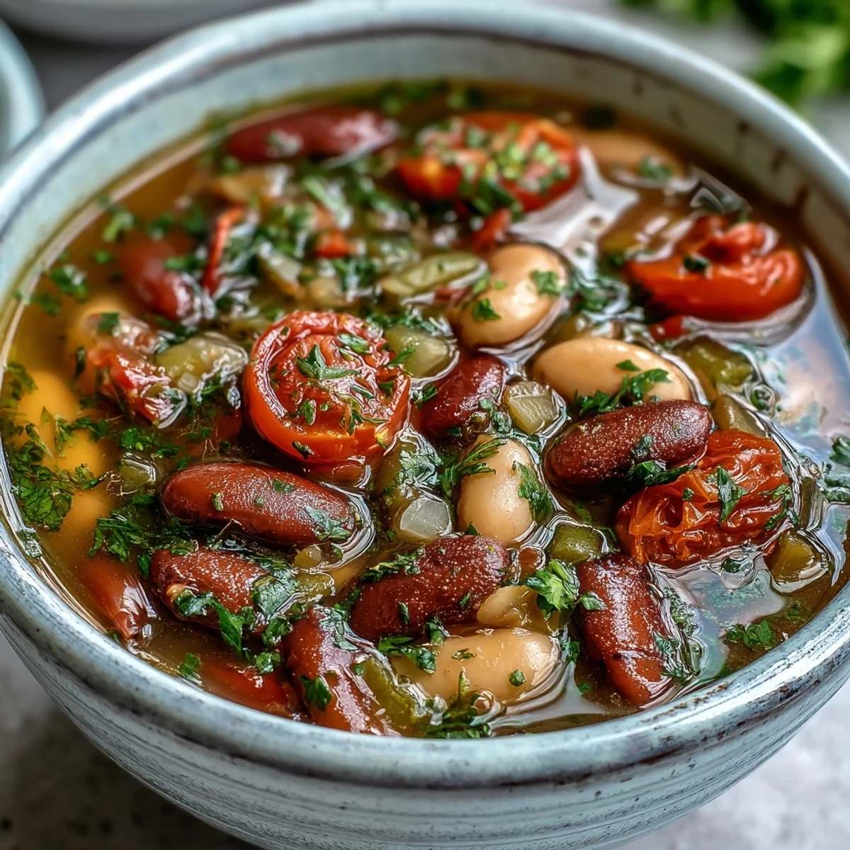 Hearty Three-Bean Salad Soup simmering with red bell peppers, cherry tomatoes, and fresh parsley for a vibrant, zesty meal.  