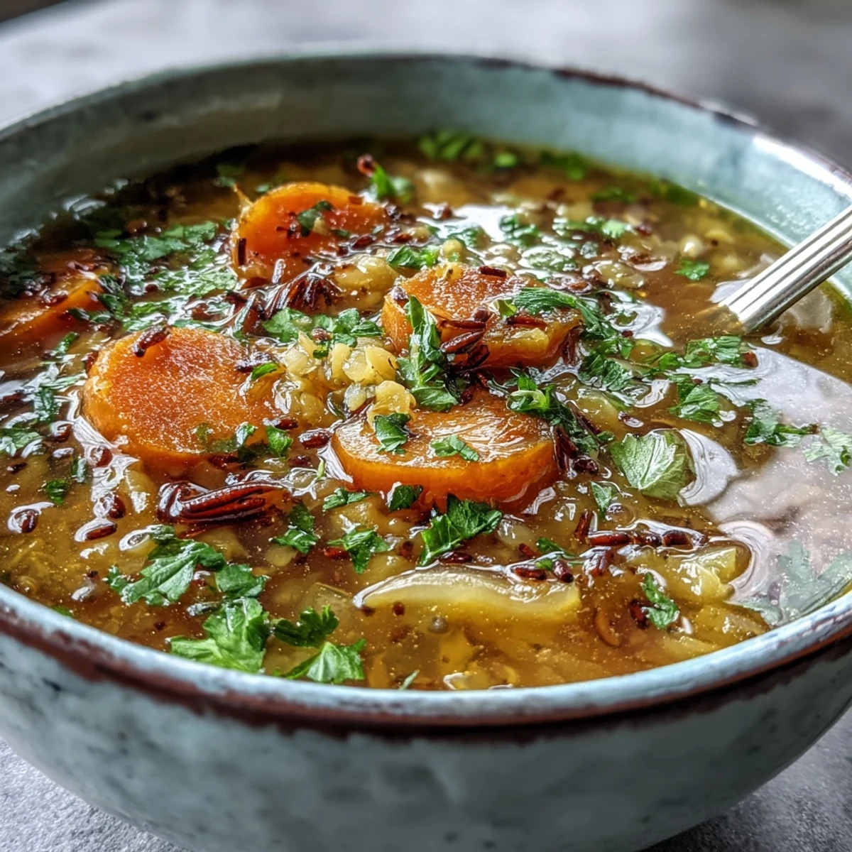 Fragrant Mung Bean Soup steaming in a rustic bowl, topped with fresh cilantro and a lemon wedge.