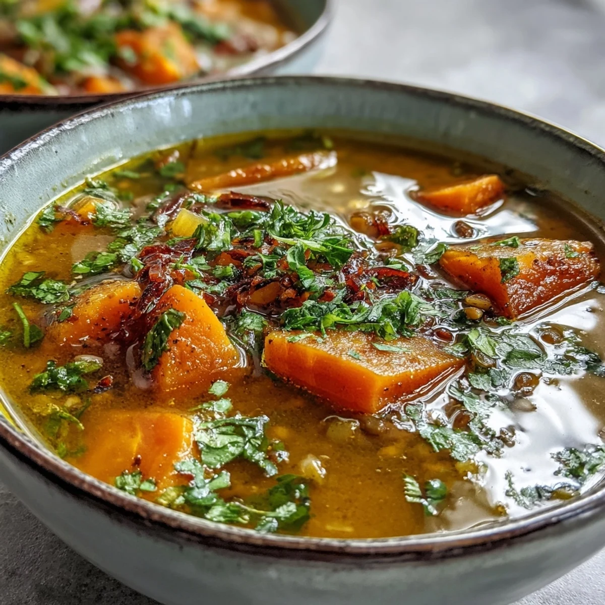 Vibrant Mung Bean Soup with tender carrots and celery in a clay pot, ready to enjoy on a cozy table.