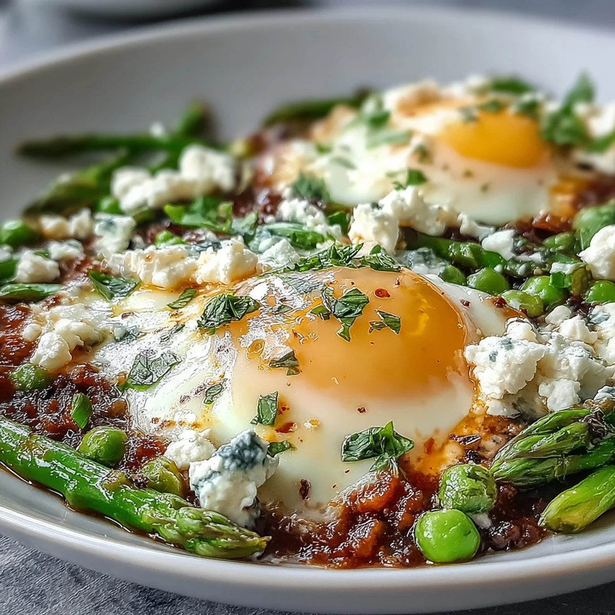 Runny-yolk eggs cook in the bubbling sauce, garnished with crumbled feta and fresh herbs for a savory finish.