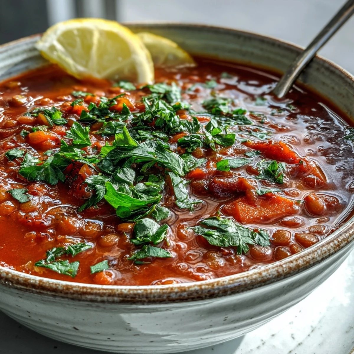 Steaming bowl of Tomato Lentil Soup garnished with fresh parsley and a lemon wedge.