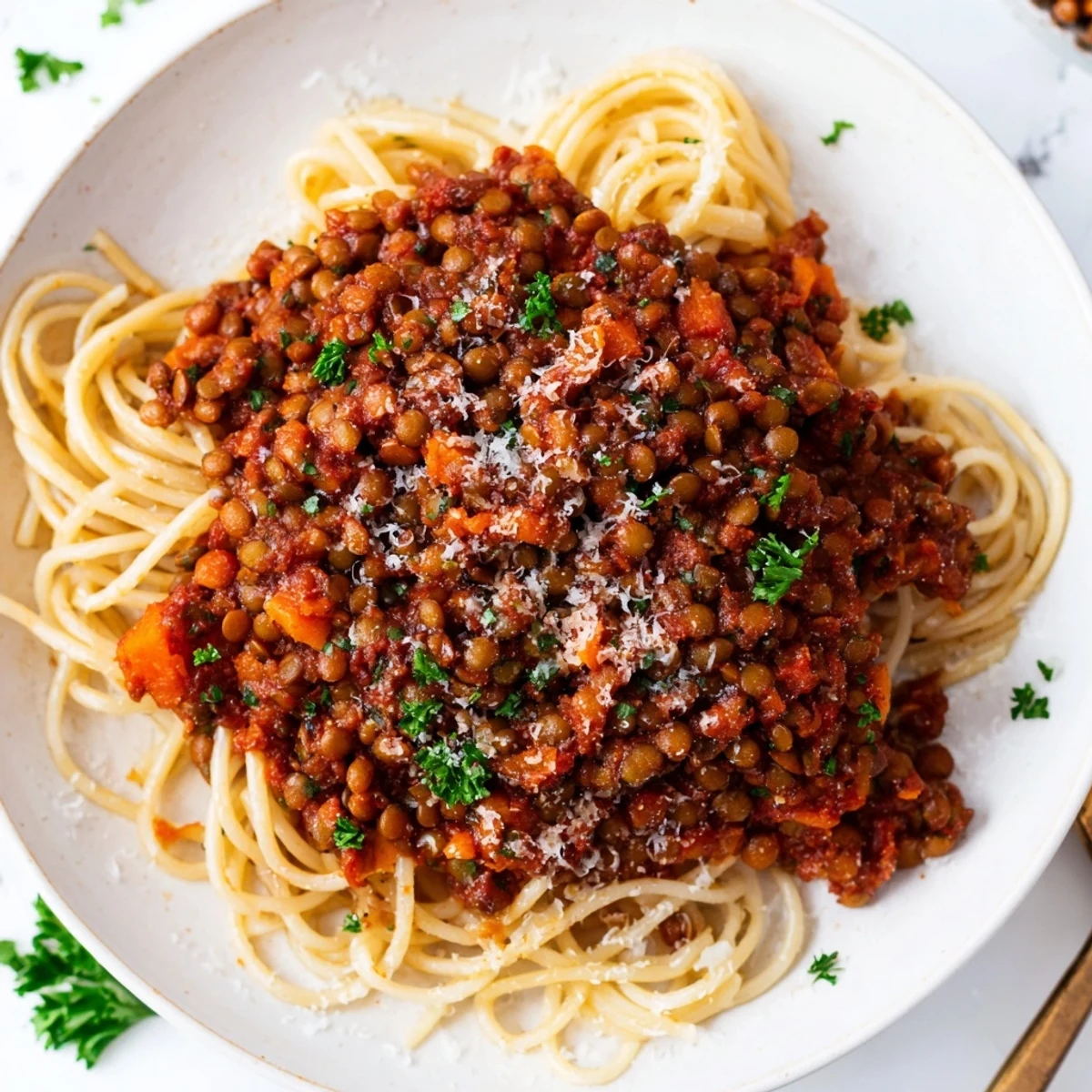 A steaming bowl of lentil bolognese sauce generously spooned over al dente spaghetti, garnished with fresh basil leaves.  