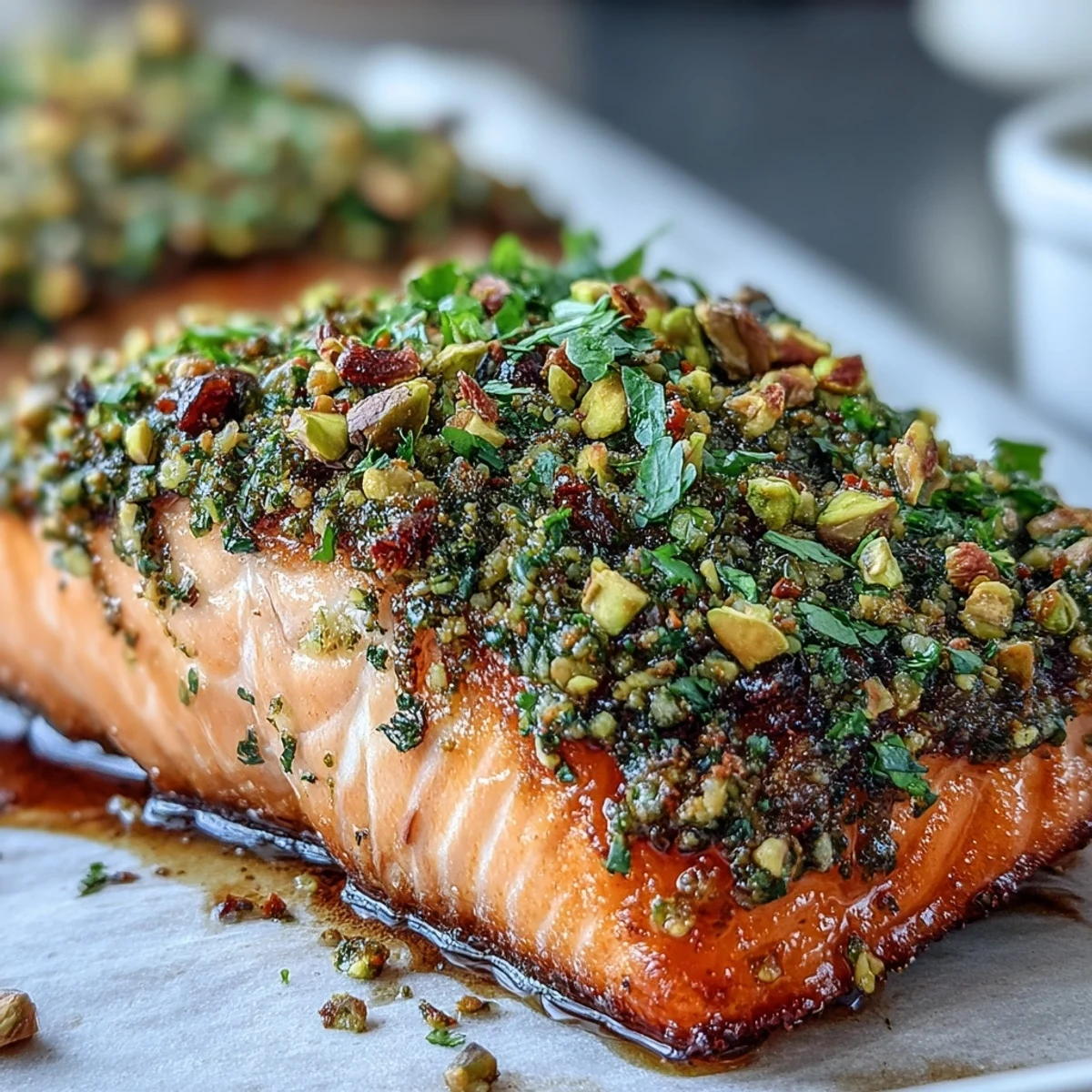 A close-up view of Confit Salmon With Tahini, Pistachio and Herb Crust, highlighting the rich, oily sheen and a chunky pistachio herb topping, ready to be served.