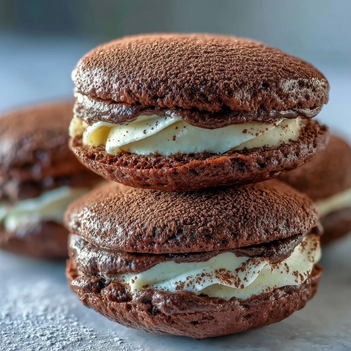 Tiramisu Whoopie Pies feature soft chocolate cookies sandwiched with espresso mascarpone cream and a cocoa dusting, perfect for coffee lovers.