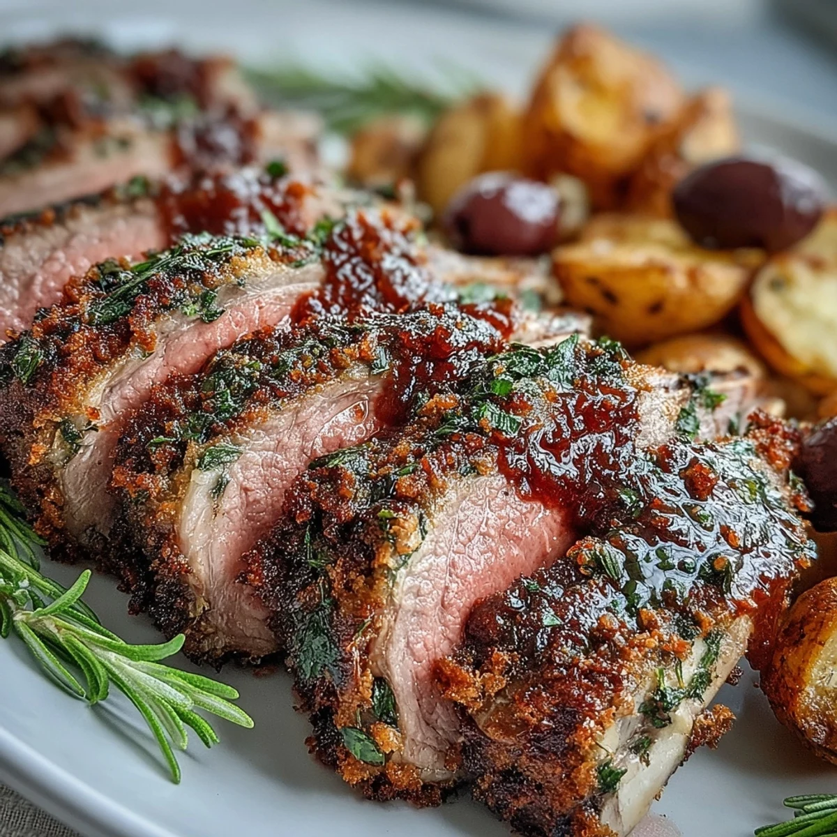 Freshly roasted One-Pan Roast Rack of Lamb and Green Olive Potatoes on a baking tray, featuring crispy-edged potatoes tossed with smoked paprika and briny green olives.
