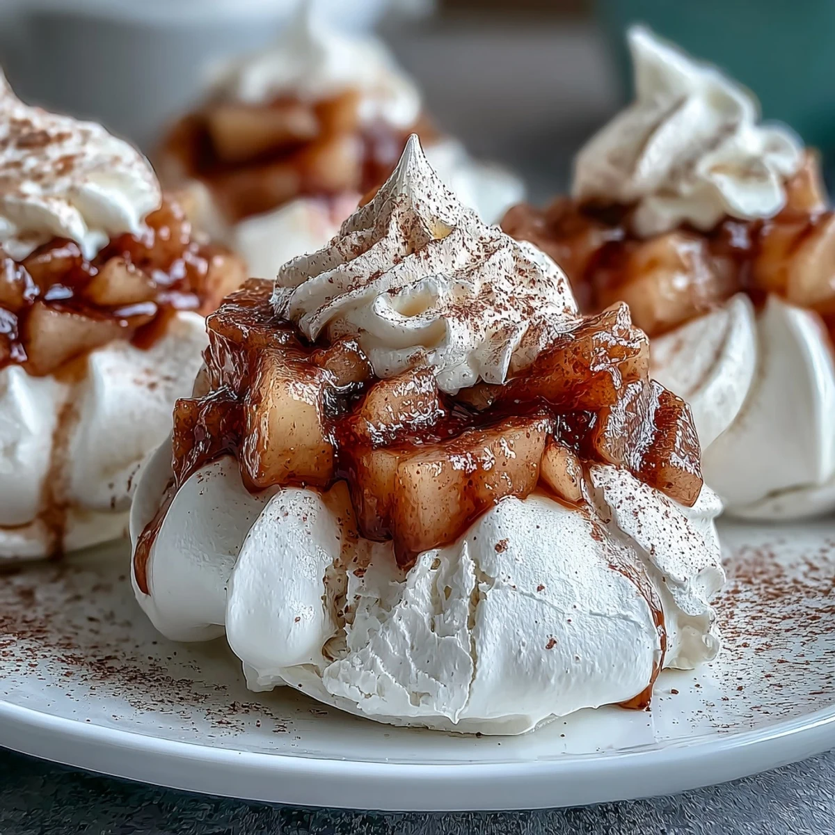 Glistening Mini Hot Toddy Pavlovas with crisp meringue shells, crowned with whipped cream and whisky-spiked pears.