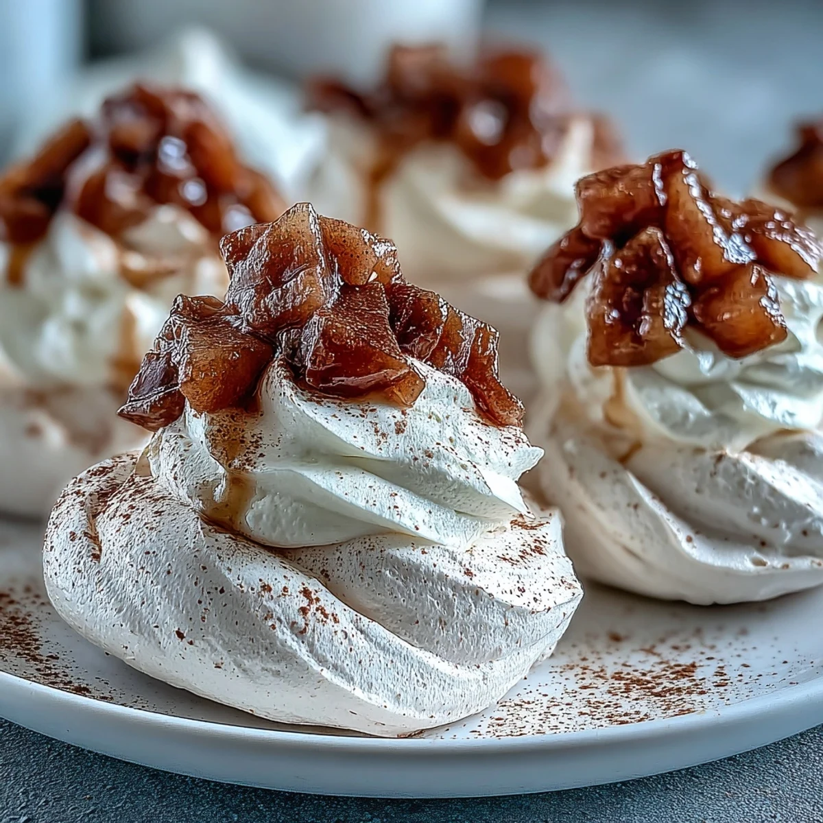 A close-up of Mini Hot Toddy Pavlovas displaying soft whipped cream and glistening, bourbon-poached pear garnish.