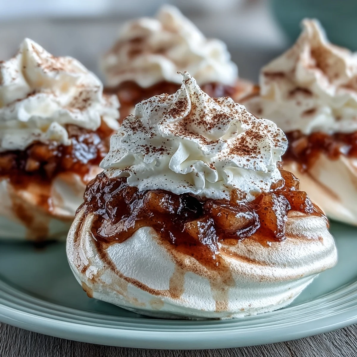 Eight Mini Hot Toddy Pavlovas served as elegant individual desserts, featuring airy meringue and warmly spiced pear topping.