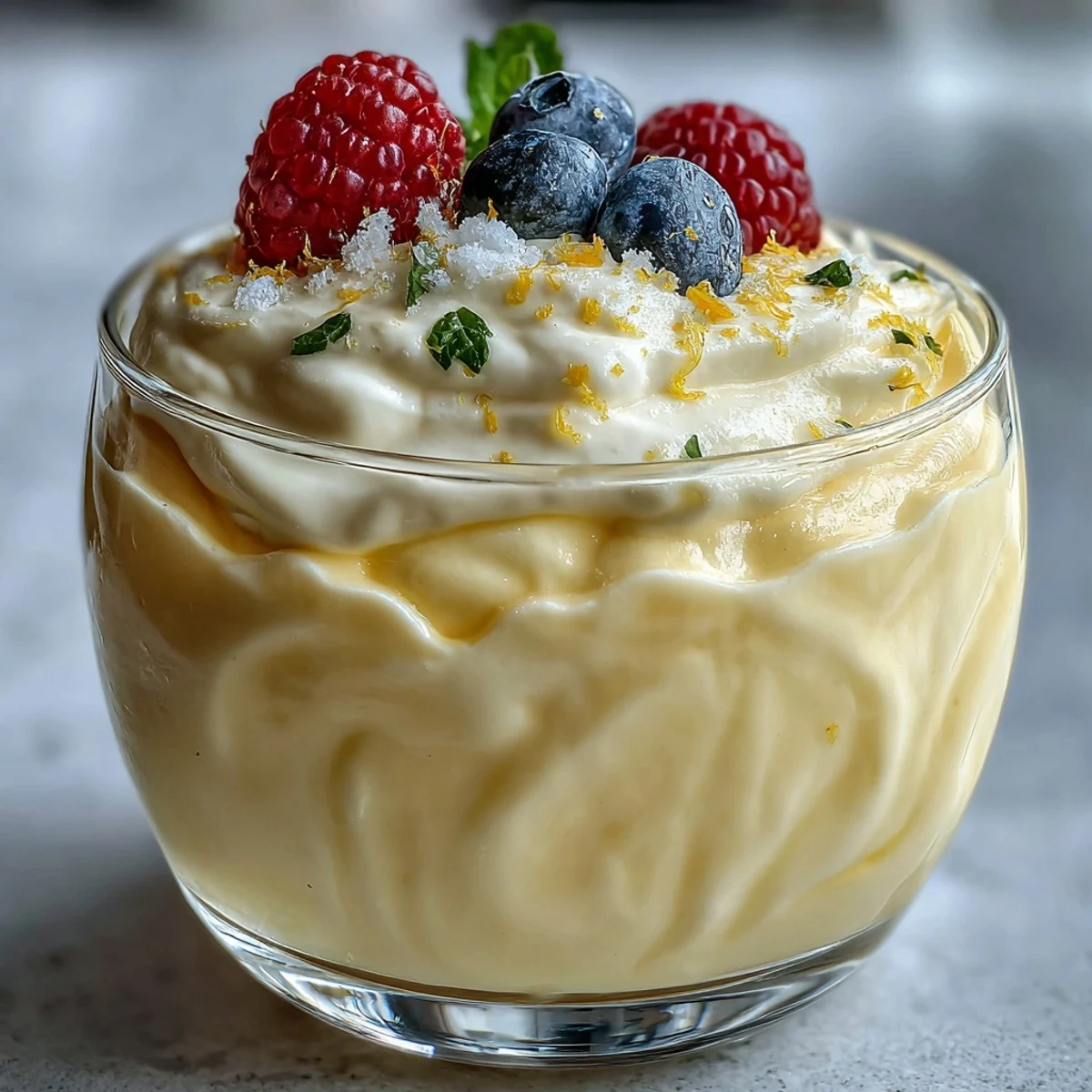 Refreshing Lemon Fool garnished with fresh berries and served on a platter.