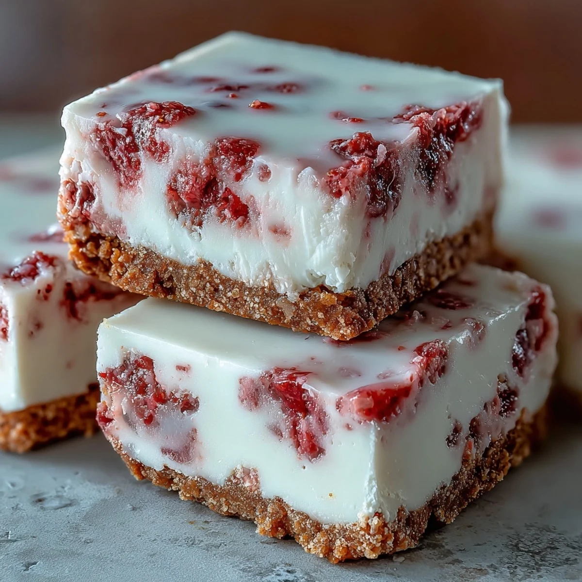 Vibrant pink No-Bake Strawberry Fudge Squares on a wooden board, showing the creamy white chocolate layer and crumbly graham crust.