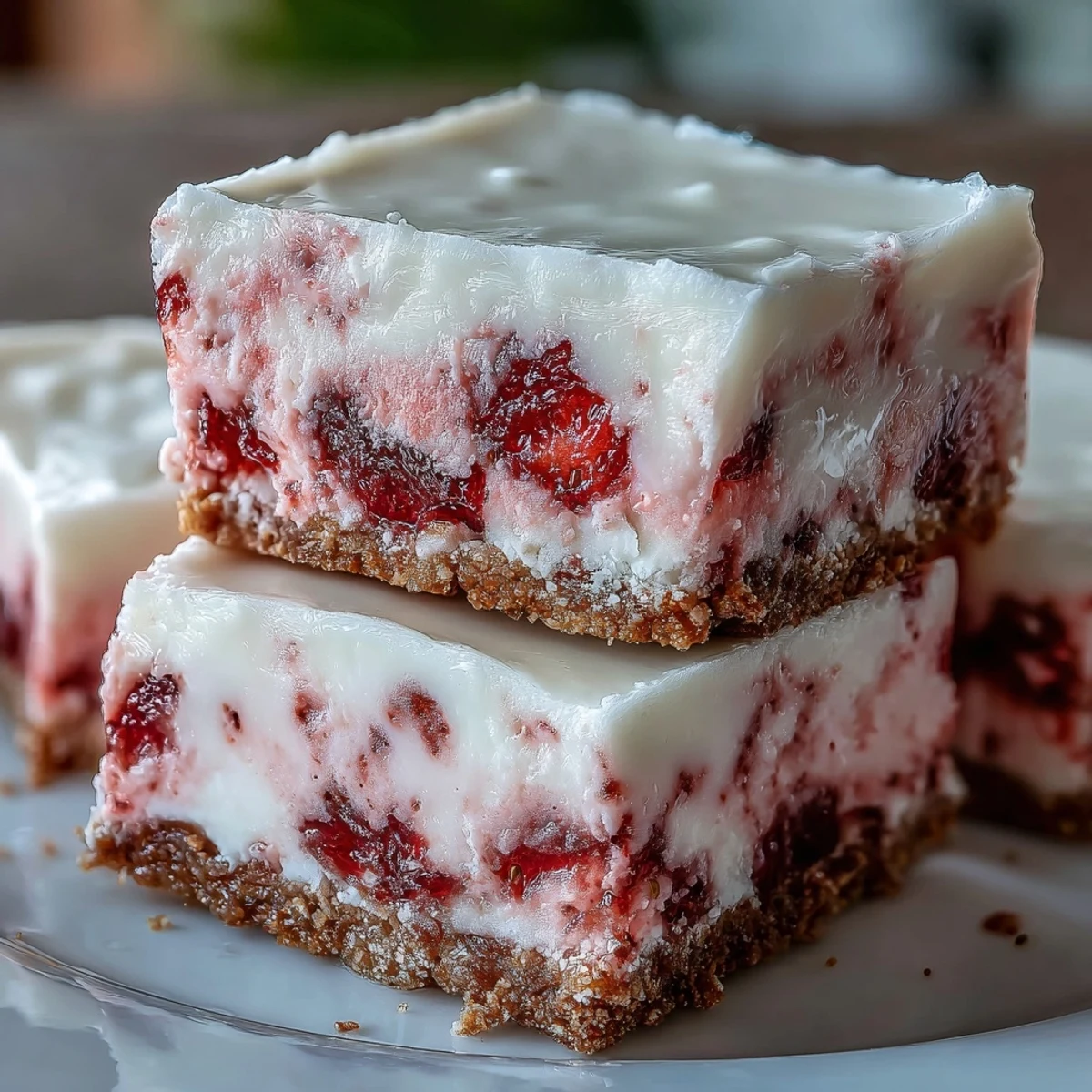 A stack of chilled No-Bake Strawberry Fudge Squares on a white plate, ready for serving at a summer potluck or party.