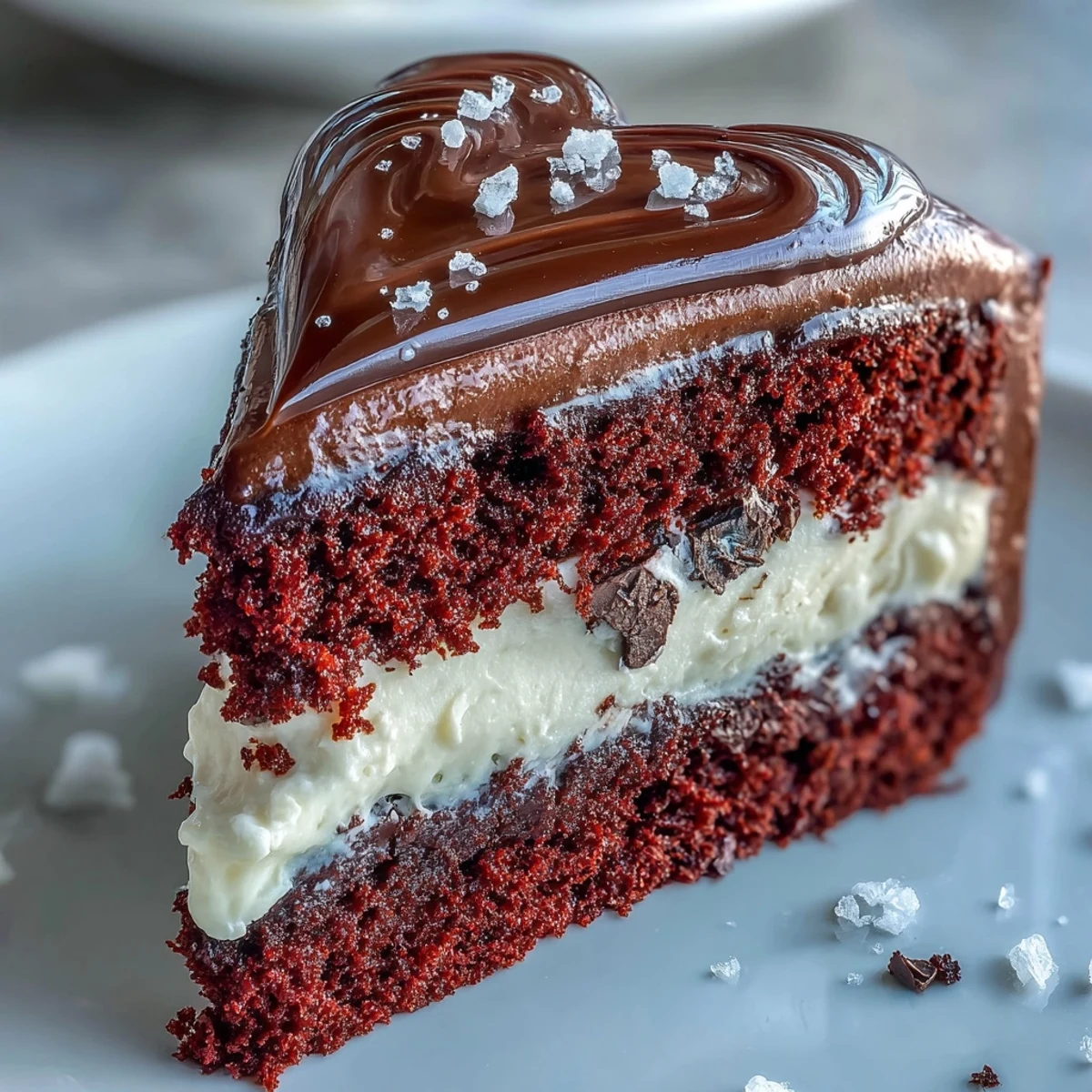 A slice of Red Betty Boop Heart Cake shows its soft red crumb and velvety cream cheese frosting, topped with a crisp dark chocolate silhouette.