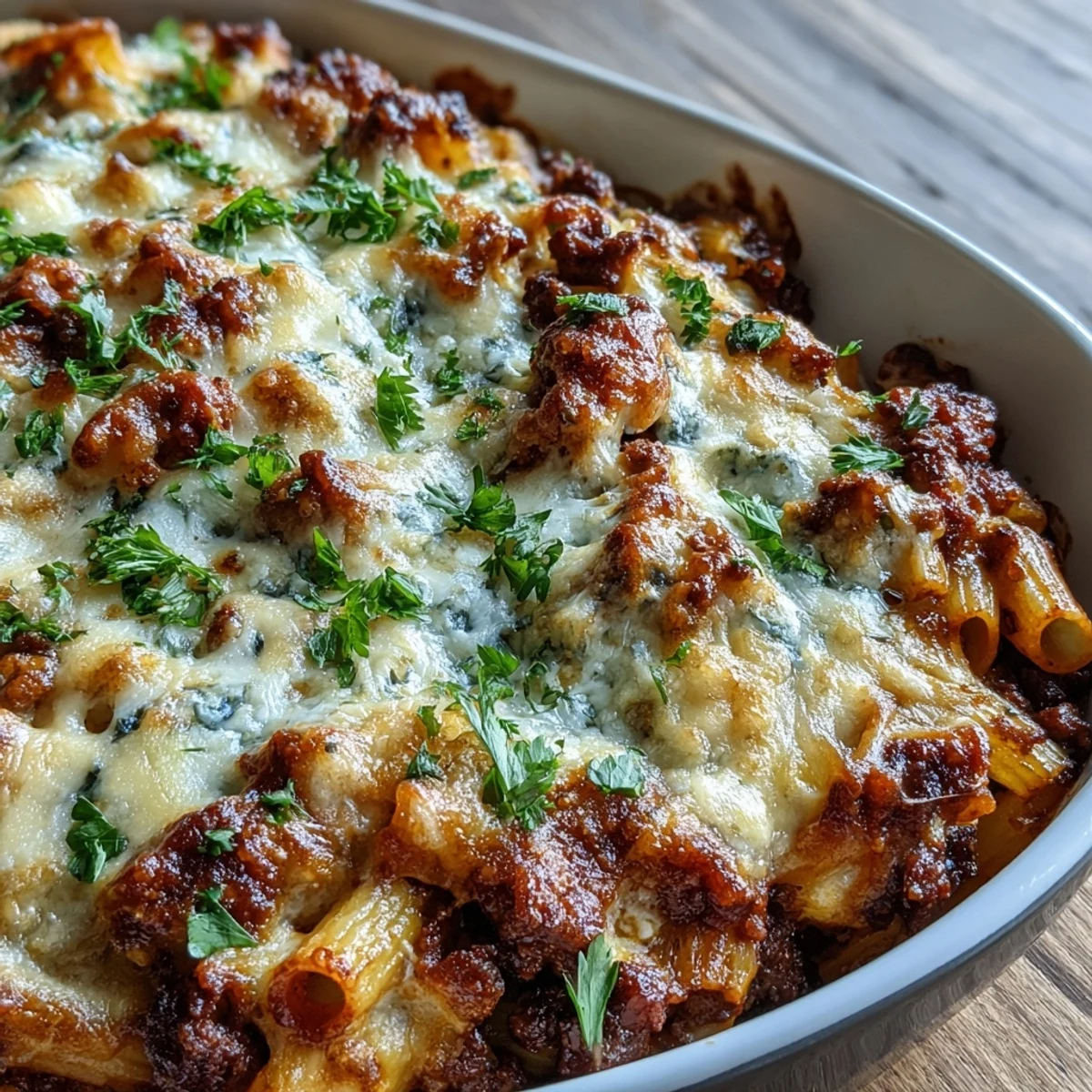 Golden, bubbling Cottage Cheese Protein Pasta Bake with Ground Beef emerges from the oven, layered with rich tomato sauce, melted mozzarella, and fresh parsley garnish.  