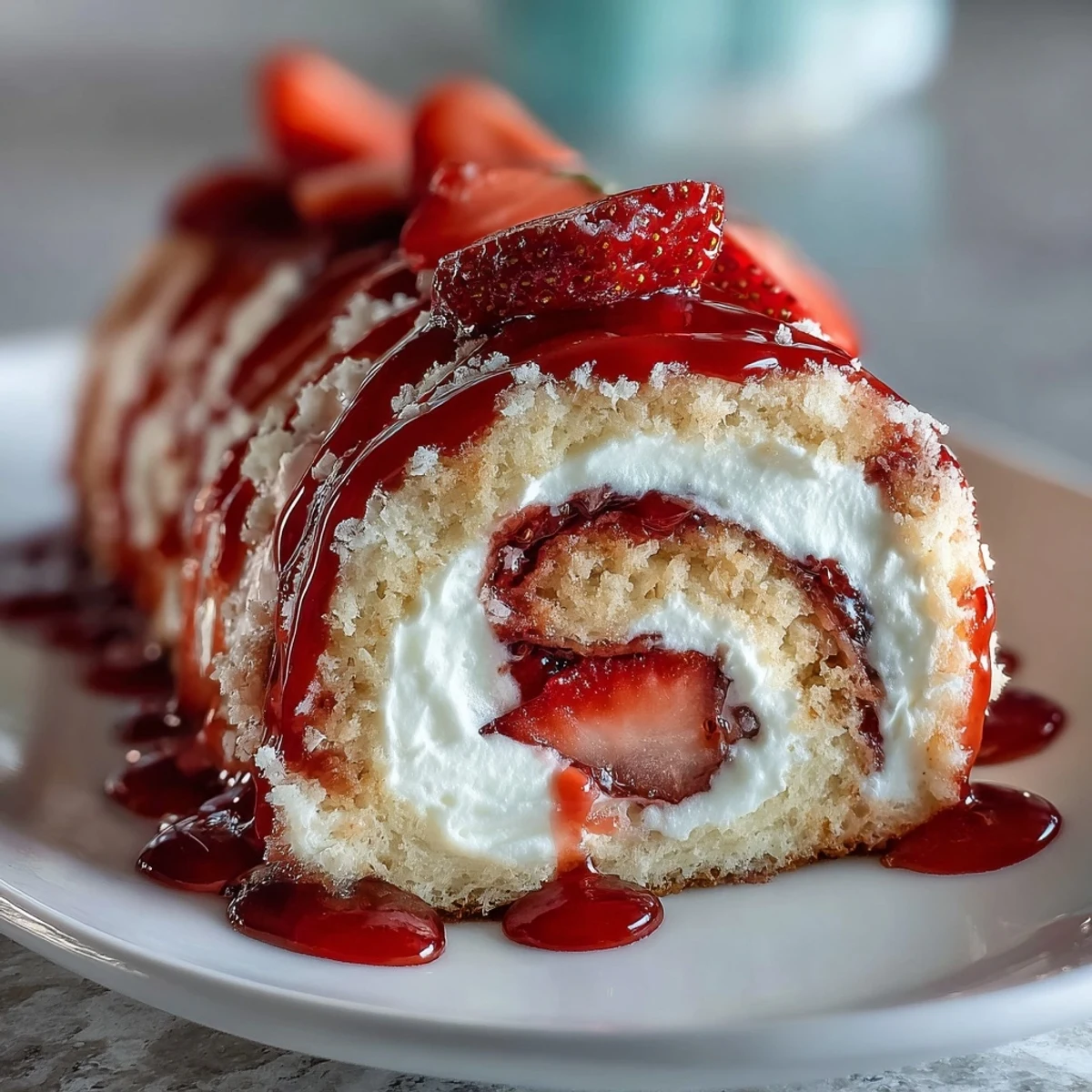 Sliced Strawberry Shortcake Sushi Roll on a platter, drizzled with white chocolate and mint, showing creamy layers.