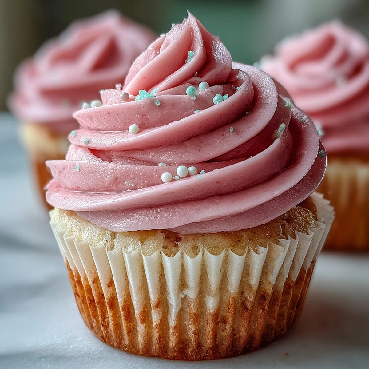 Freshly baked pink velvet cupcakes with vanilla buttercream frosting sit on a white ceramic plate, showcasing their moist crumb and swirls of creamy frosting.