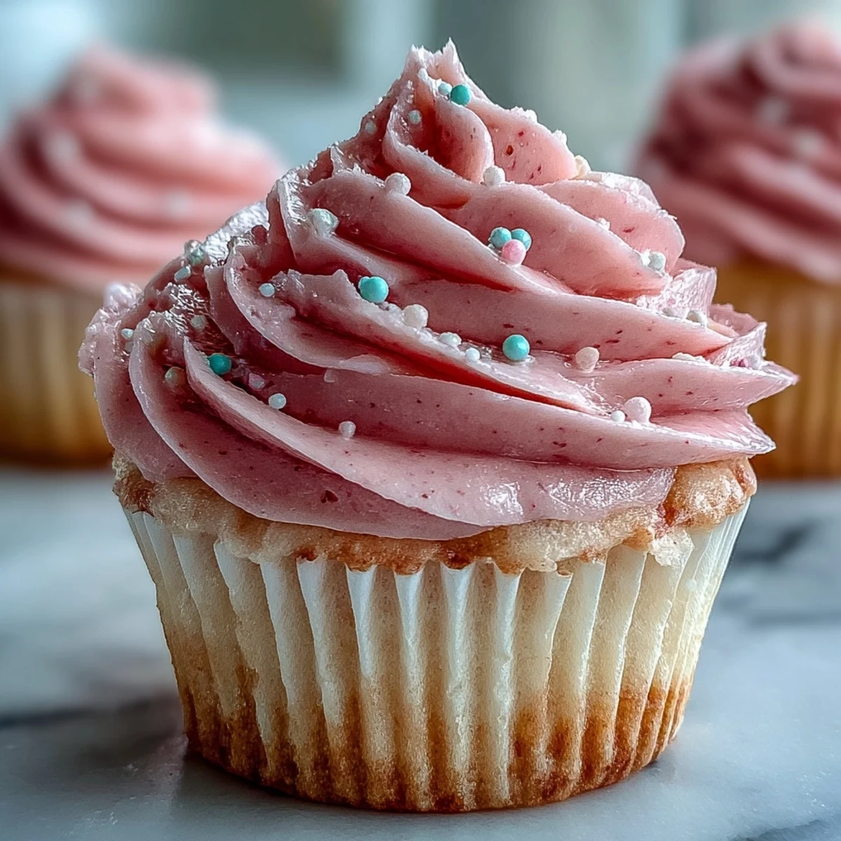 A close-up view reveals the delicate crumb of a pink velvet cupcake, topped with a generous swirl of vanilla buttercream and pink sanding sugar.