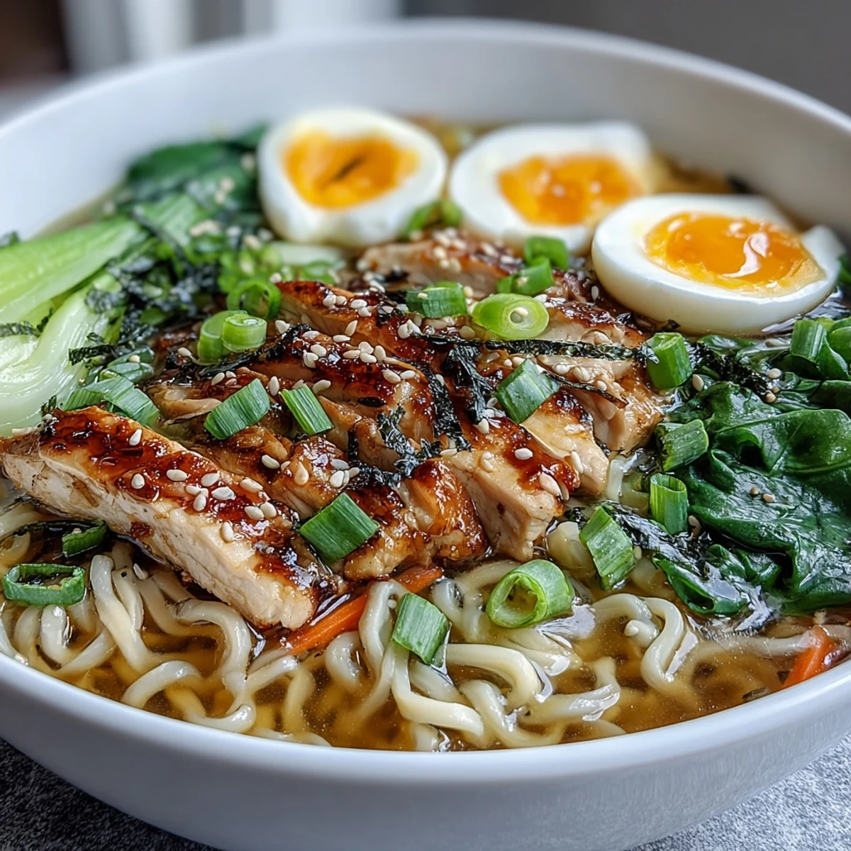 Steaming bowls of Healthy Miso Chicken Noodle Bowls feature sliced chicken, soba noodles, and bok choy in a rich broth.