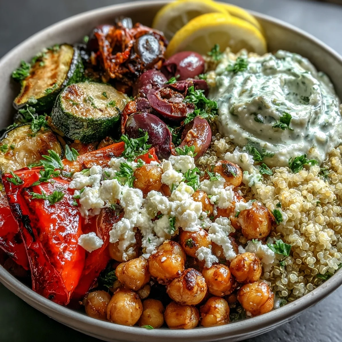 A vibrant Mediterranean Buddha Bowl features golden roasted vegetables, creamy hummus, and tangy feta.