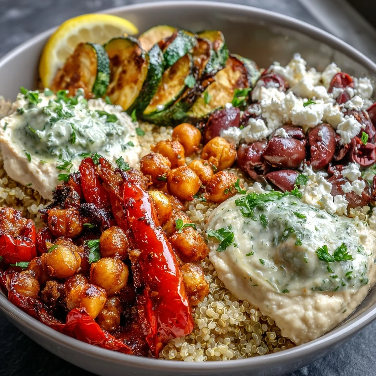 Colorful Mediterranean Buddha Bowl with quinoa, olives, Greek yogurt, and fresh parsley garnish.