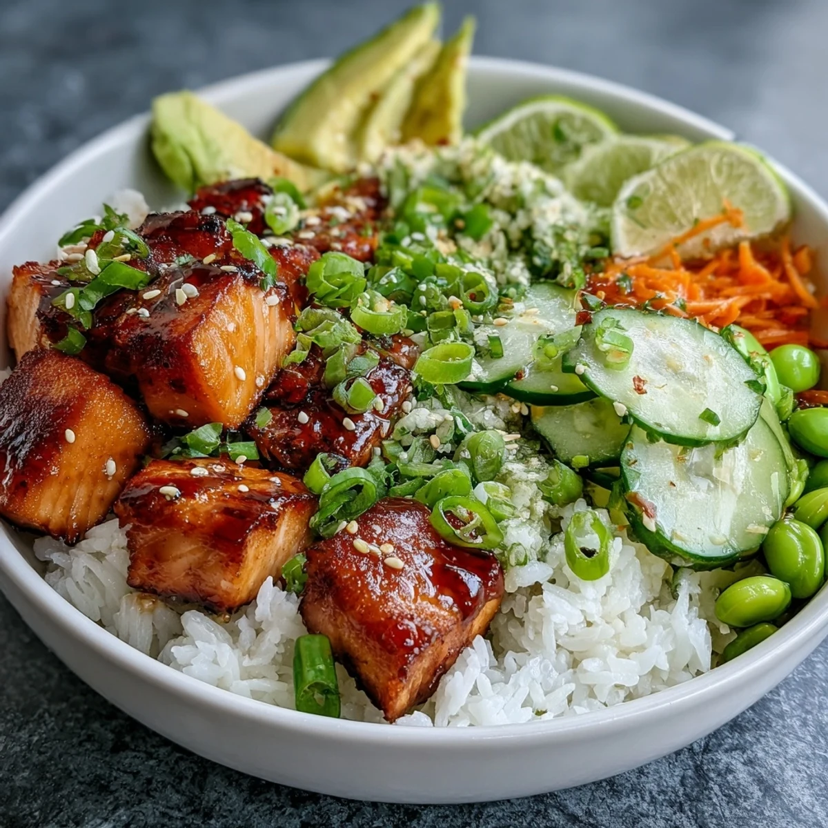 This finished Baked Salmon Rice Bowl features juicy salmon, creamy avocado slices, and edamame, ready to serve with a drizzle of sriracha mayo.