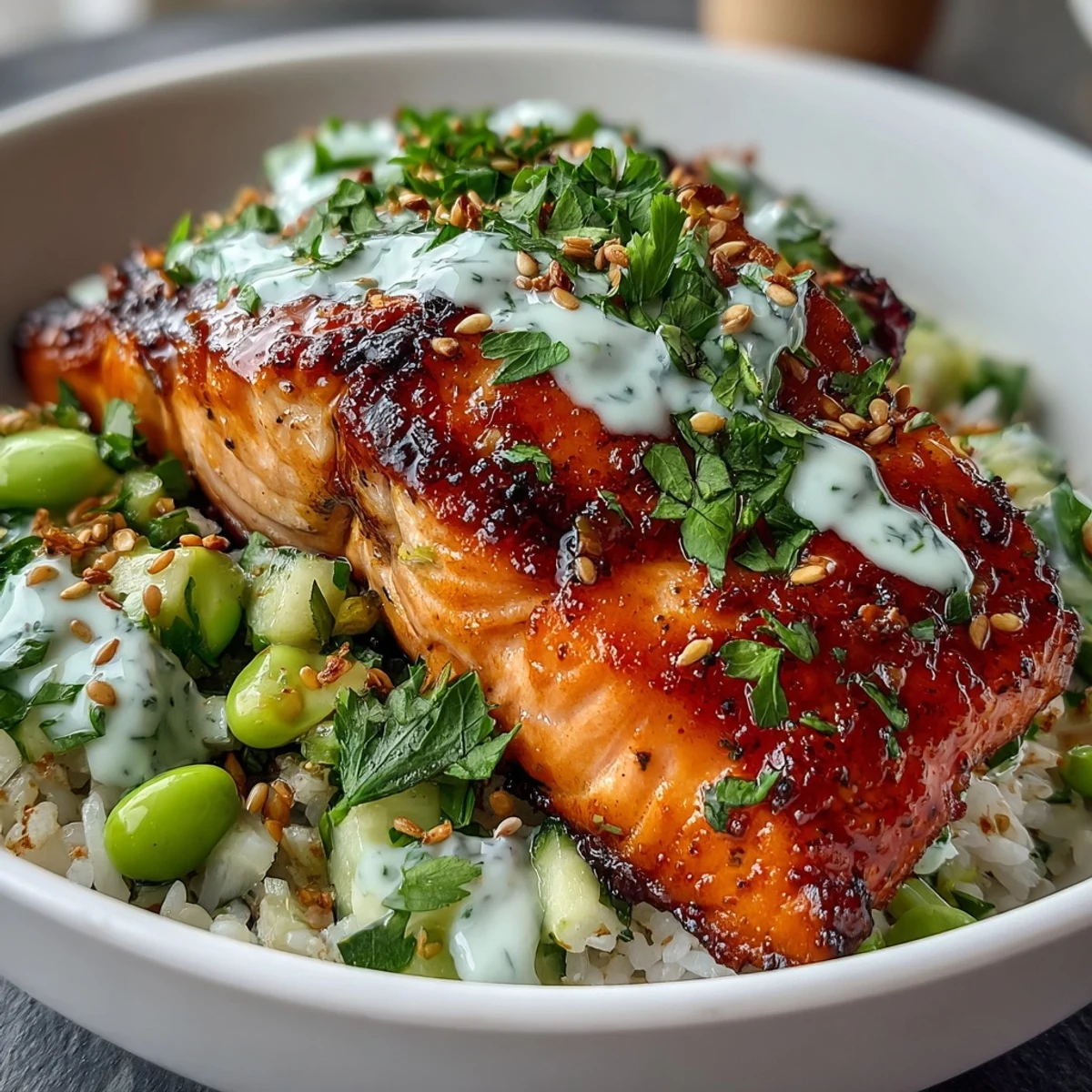 Flaky, oven-baked Bang Bang Salmon Bowl topped with creamy spicy sauce and fresh green herbs on white rice.