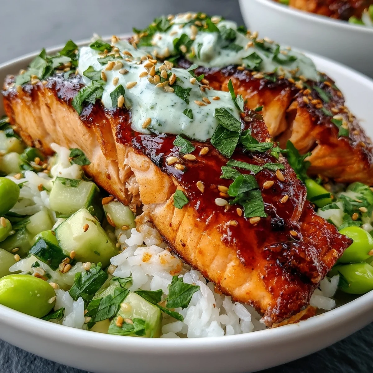 A spoonful of Bang Bang Salmon Bowl reveals crispy edamame and cucumber salsa beside tender salmon fillet.