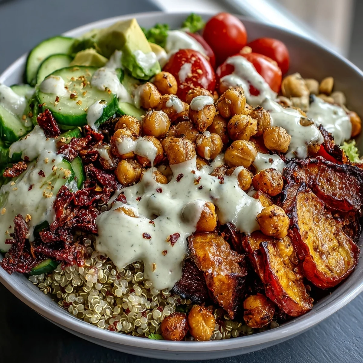 Golden roasted sweet potatoes and crispy chickpeas on fluffy quinoa, topped with fresh veggies and creamy garlic tahini dressing in this Buddha Bowl.