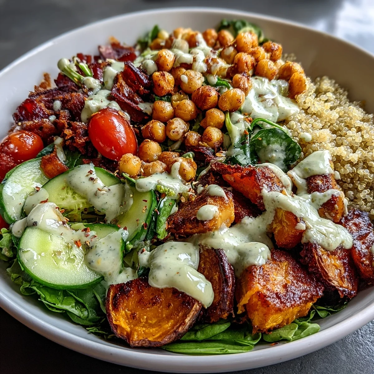 Healthy Buddha Bowl with quinoa base, crunchy chickpeas, roasted sweet potatoes, spinach, and cucumber slices, ready to serve for lunch or dinner.