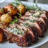 One-Pan Roast Rack of Lamb and Green Olive Potatoes served elegantly for two, ready to slice with juicy pink centers and a zesty lemon-caper olive topping.