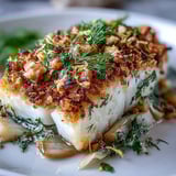 Tender baked halibut with bright lemon zest and aromatic fennel, finished with a crispy walnut and herb pangrattato topping.